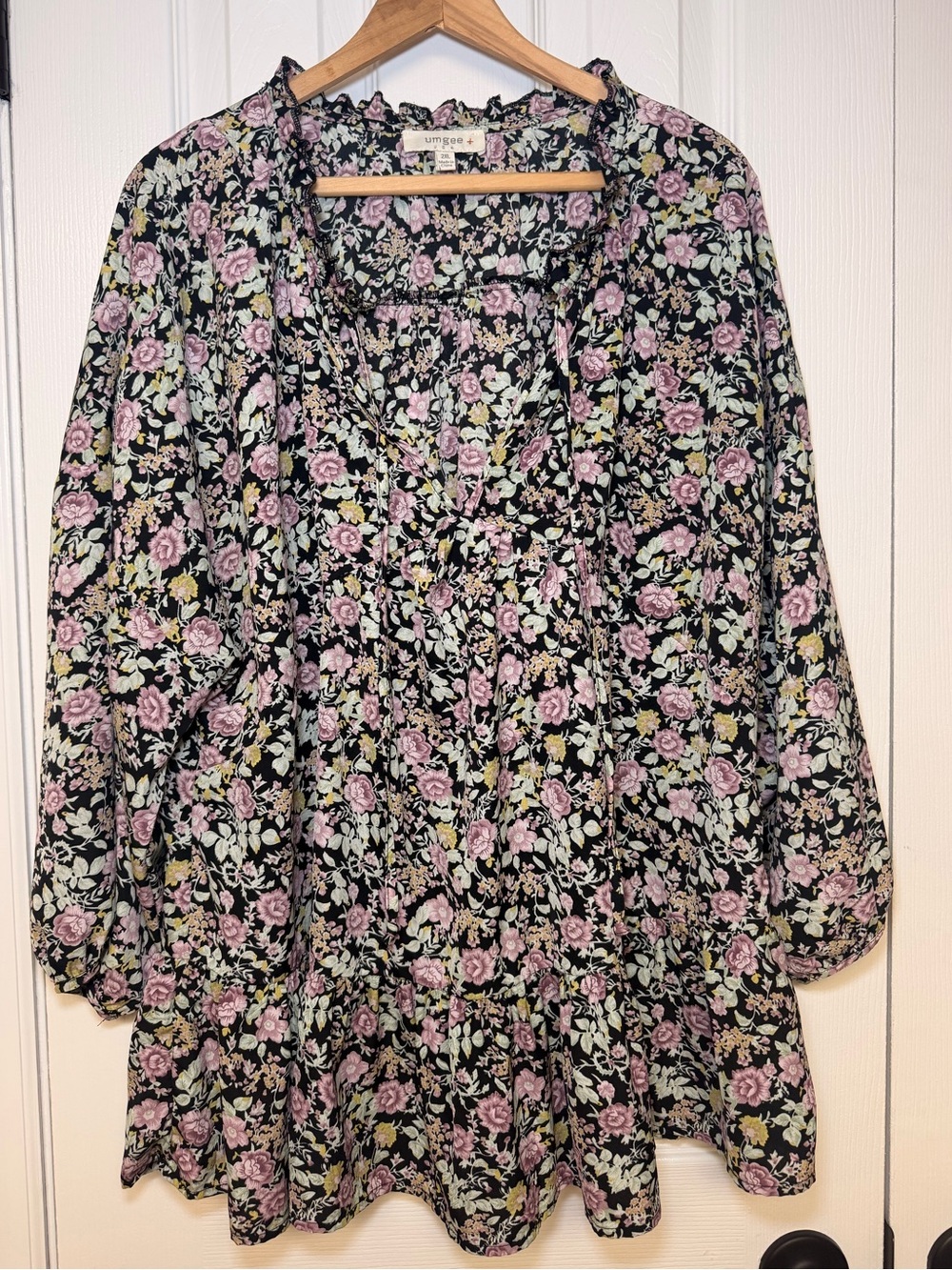 Umgee+ Black Floral Babydoll Peplum Peasant Blouse 2X Boho Cottagecore Tunic